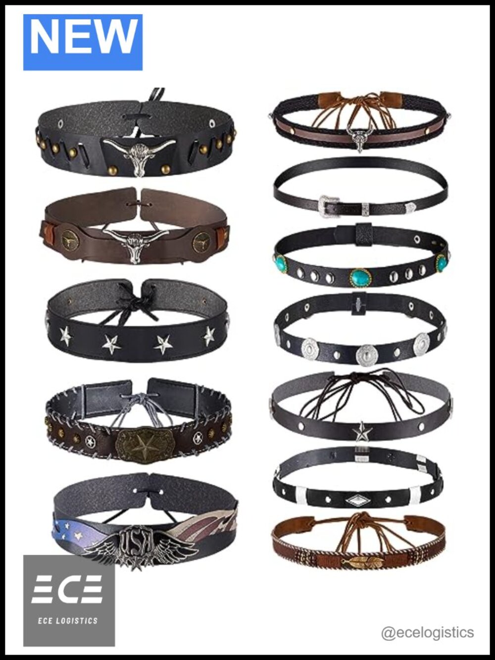 12pc Adjustable PU Leather Alloy Cowboy Hat Band Set Unisex Western